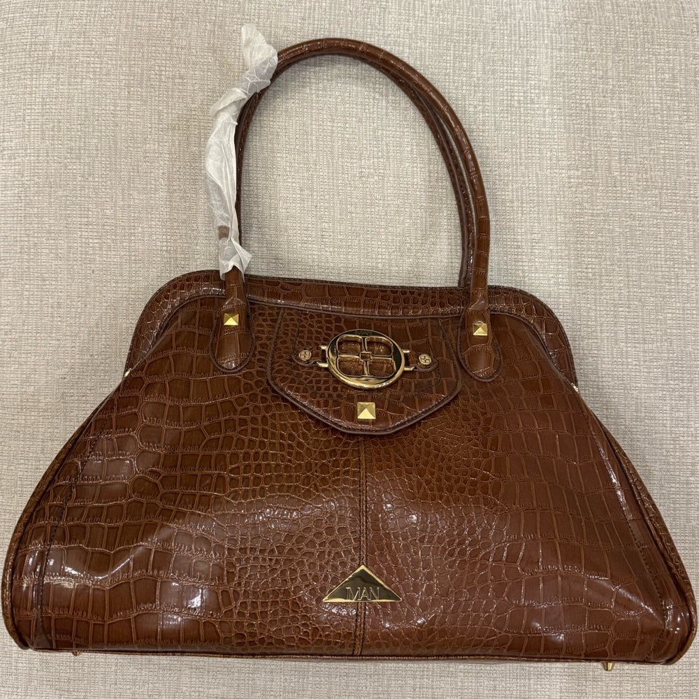 New IMAN w/partial wrapper Brown Croc-Embossed Faux Leather Shoulder Bag